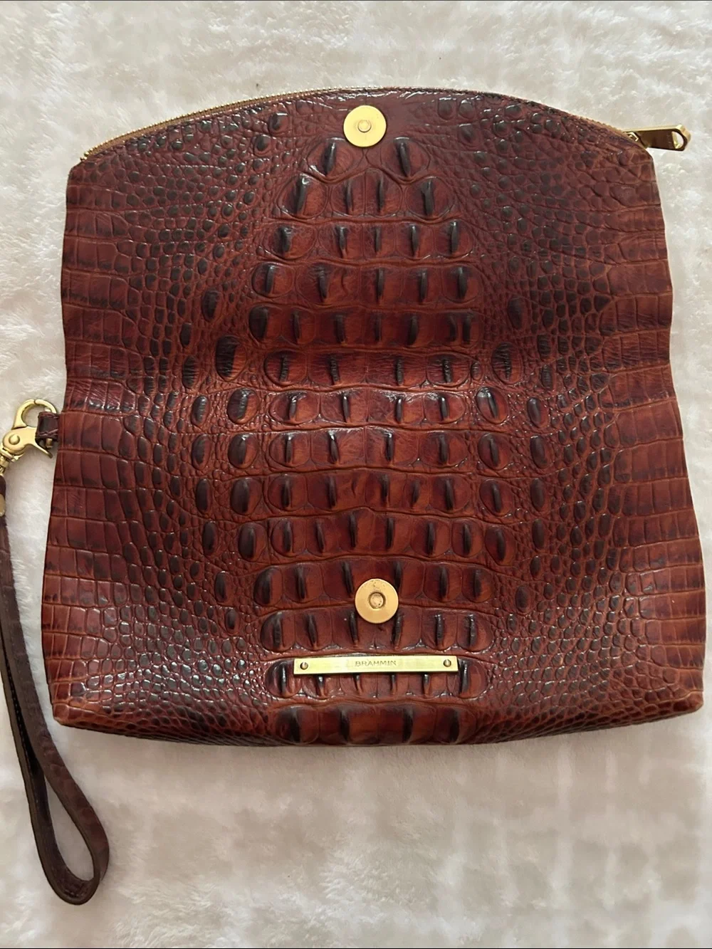 Brahmin Brown Croc-Embossed Leather Foldover Wristlet Clutch with Gold Hardware
